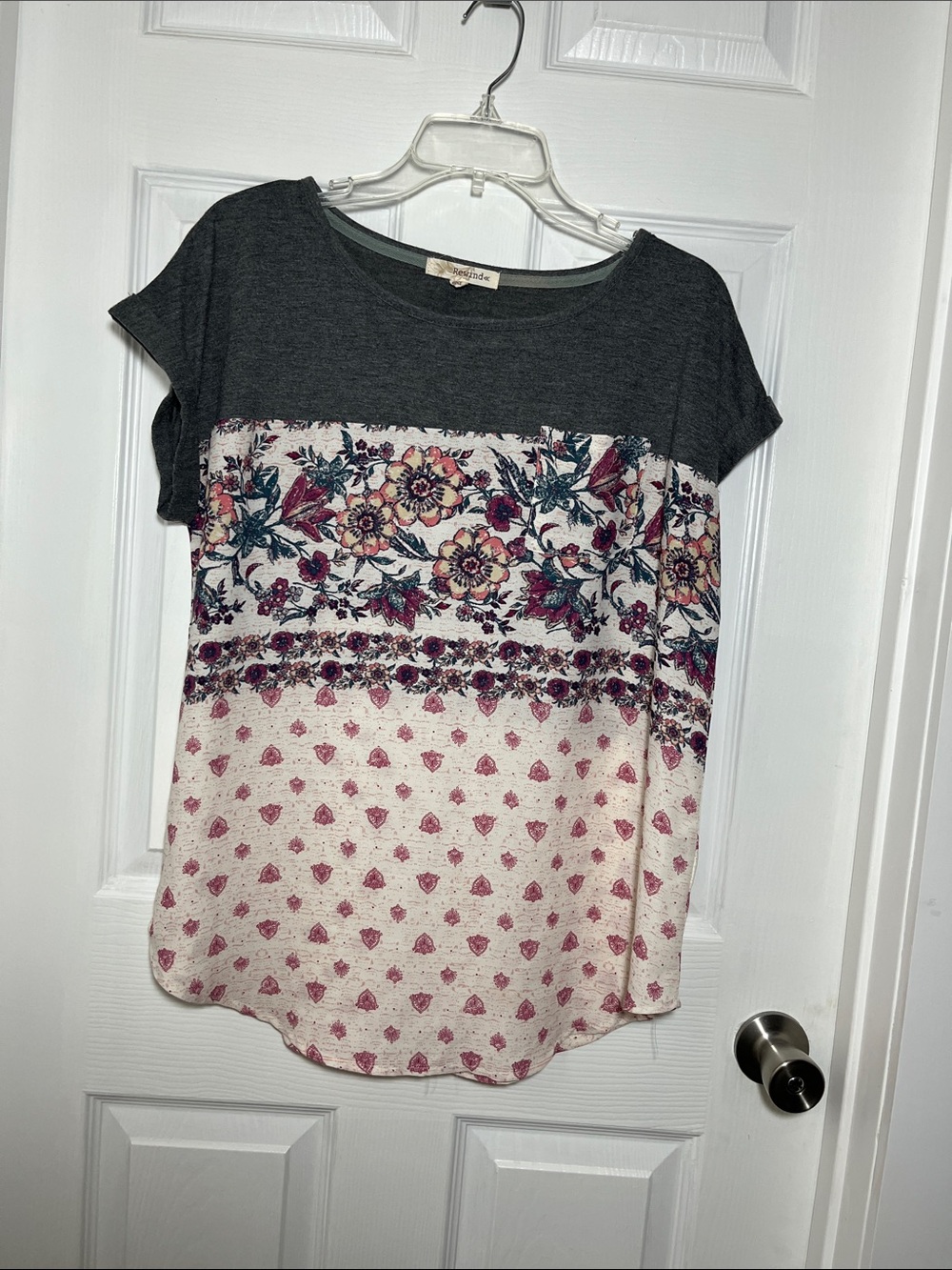 Rewind Charcoal and Cream Floral Block Short Sleeve Tee